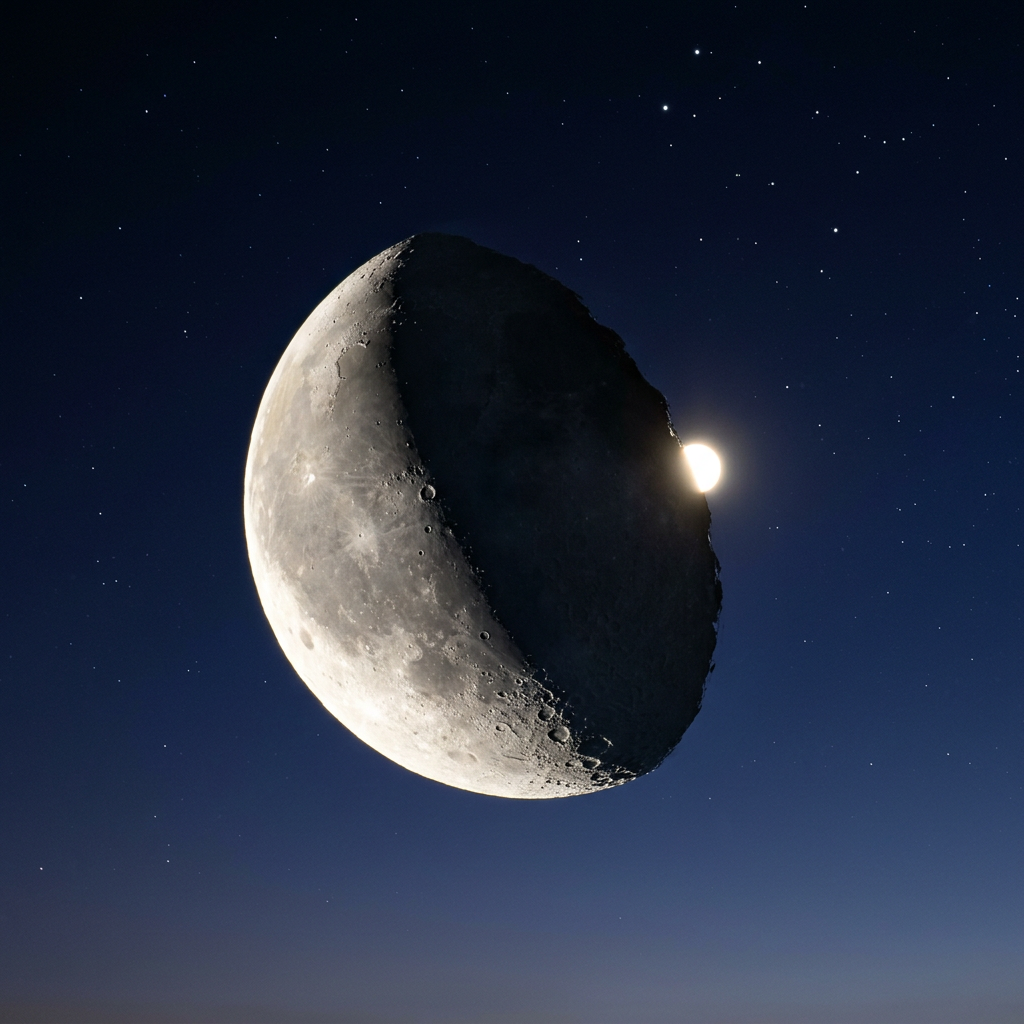 Partially illuminated Moon against a star-filled night sky