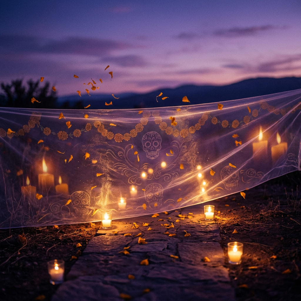 Candles and marigold petals beneath skull-patterned fabric at twilight