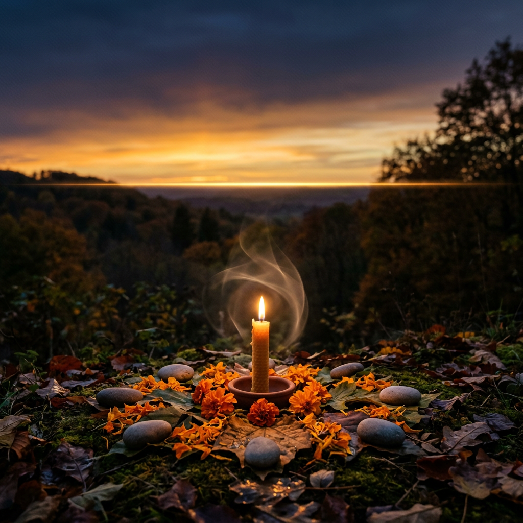 Lit candle surrounded by flowers and stones at a forest sunset